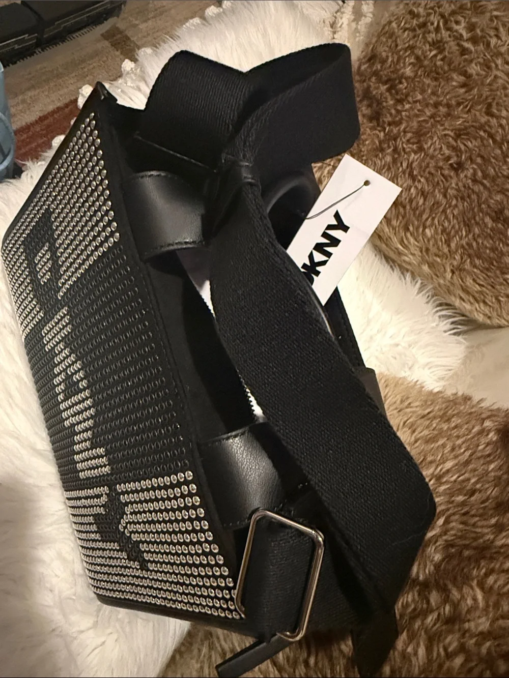 DKNY Black Crystal-Studded Logo Satchel